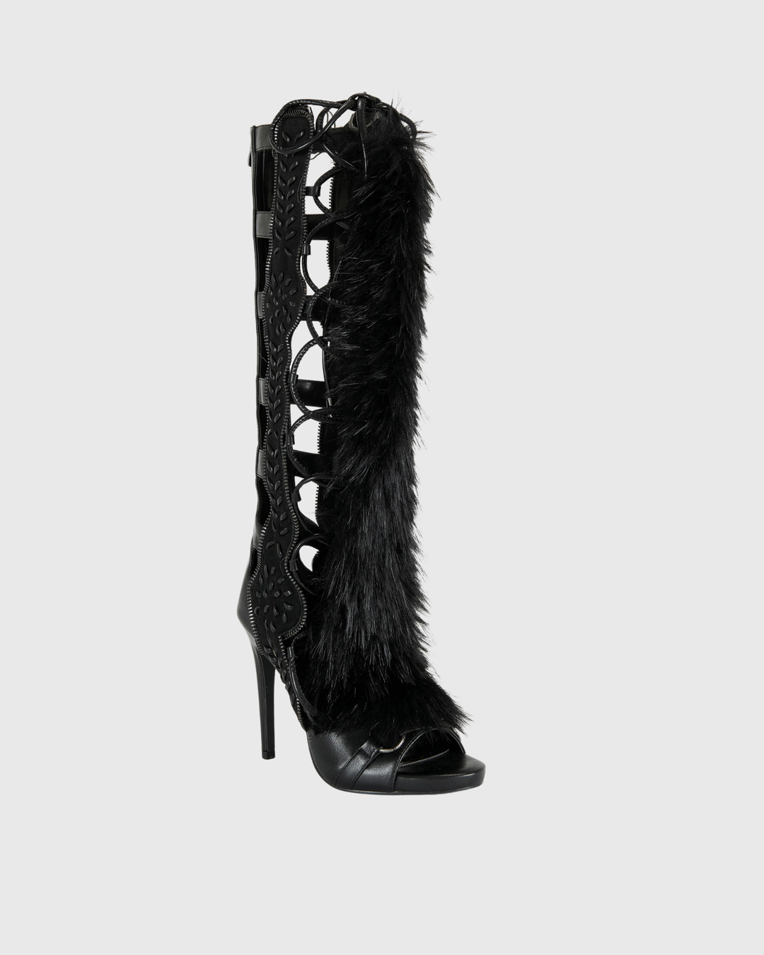 Sadiya | Women's Faux Fur Knee High Heeled Sandals in Black