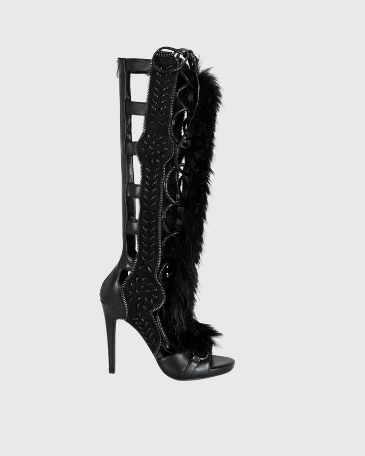 Sadiya | Women's Faux Fur Knee High Heeled Sandals in Black