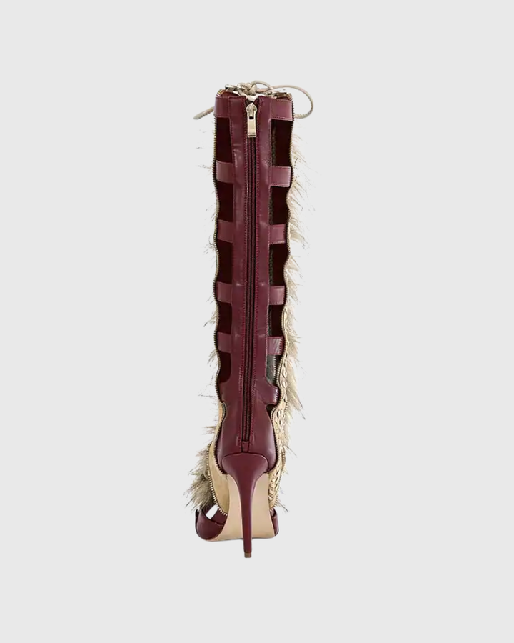 Sadiya | Women's Faux Fur Knee High Heeled Sandals in Red