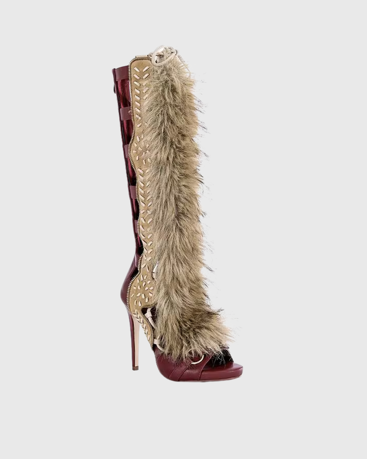 Sadiya | Women's Faux Fur Knee High Heeled Sandals in Red