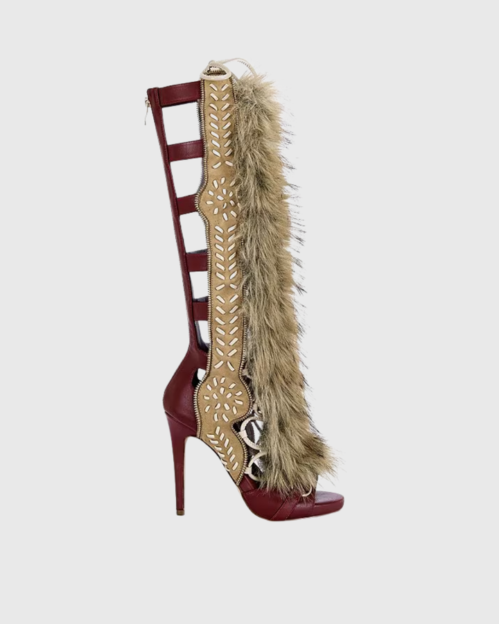 Sadiya | Women's Faux Fur Knee High Heeled Sandals in Red