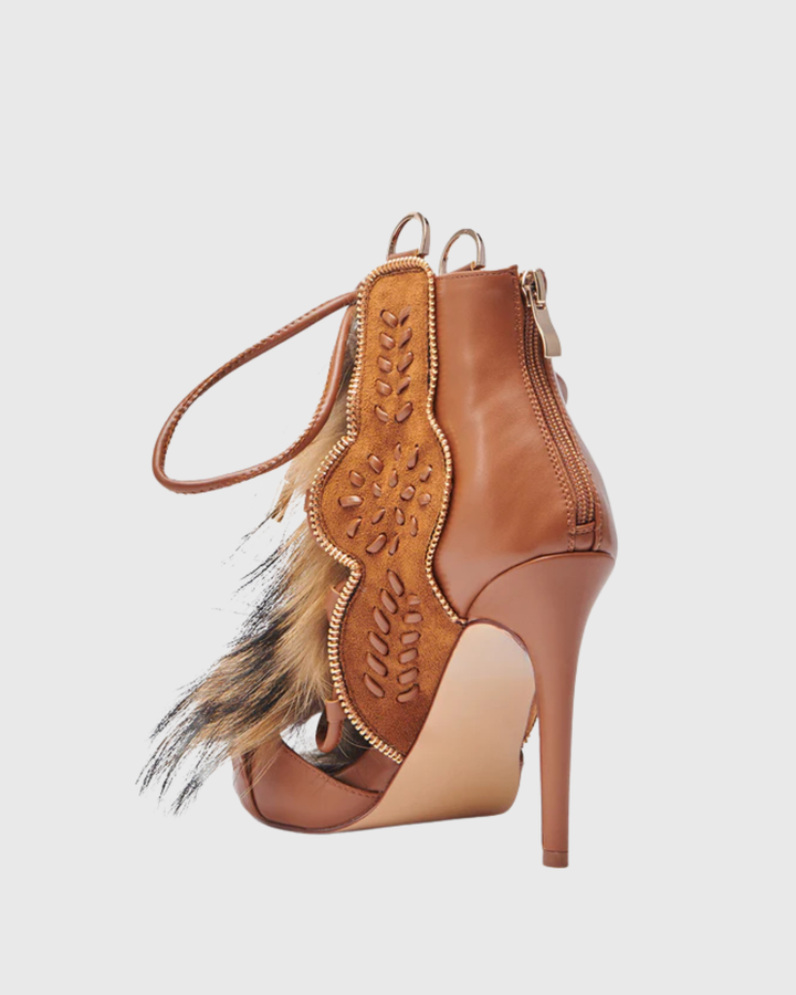 Sadiya | Women's Faux Fur Lace-Up Heeled Sandals in Brown