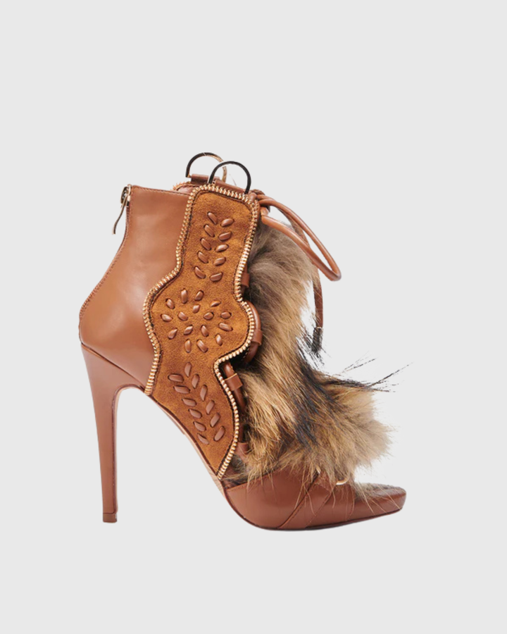 Sadiya | Women's Faux Fur Lace-Up Heeled Sandals in Brown