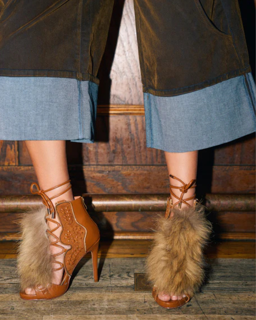 Sadiya | Women's Faux Fur Lace-Up Heeled Sandals in Brown