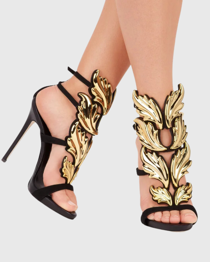 Tatiana | Women's Mirrored Wing Heeled Sandals in Black