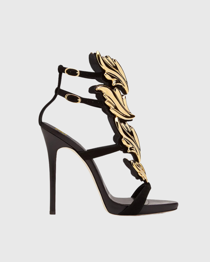 Tatiana | Women's Mirrored Wing Heeled Sandals in Black