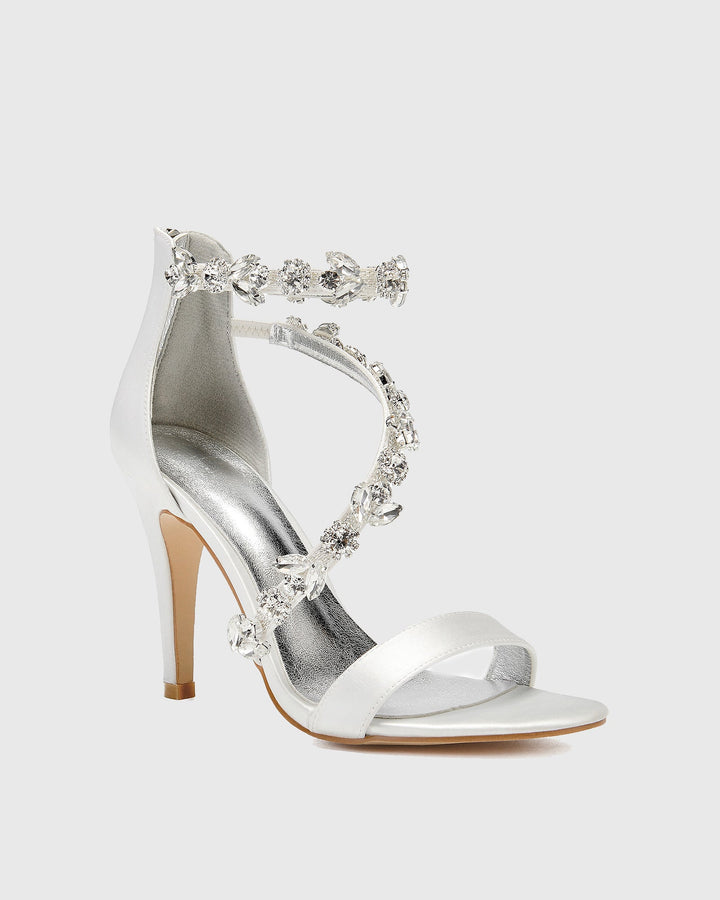 Teofila | Women's Rhinestone Satin Heeled Sandals in Ivory