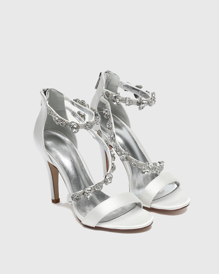 Teofila | Women's Rhinestone Satin Heeled Sandals in Ivory