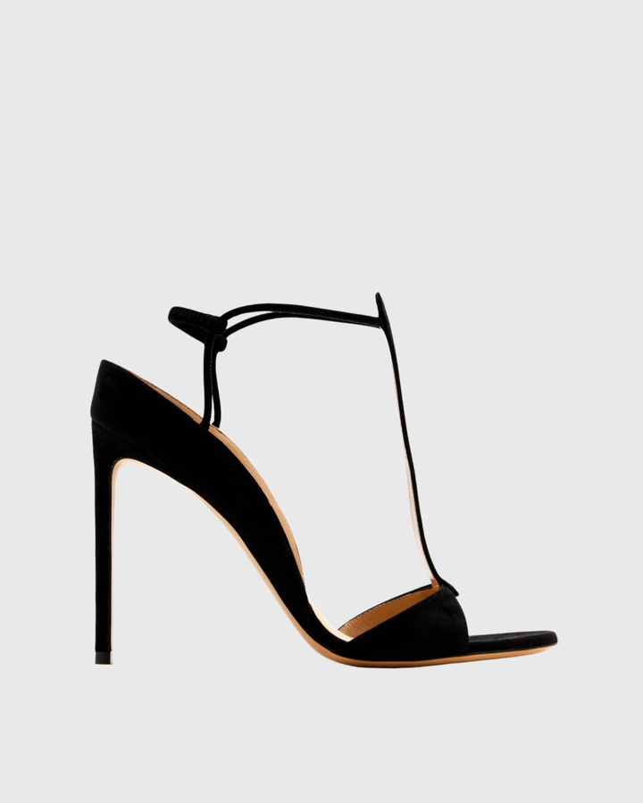 Teofila | Women's T-Strap Suede Heeled Sandals in Black
