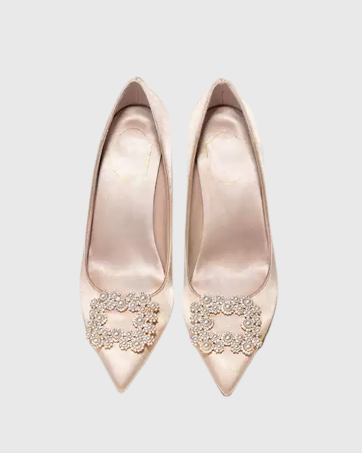 Vaike | Women's Rhinestone Buckle Satin Pumps in Champagne