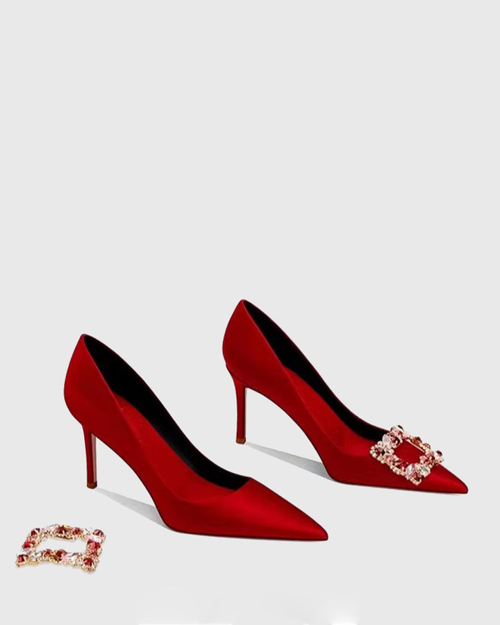 Vaike | Women's Rhinestone Buckle Satin Pumps in Red