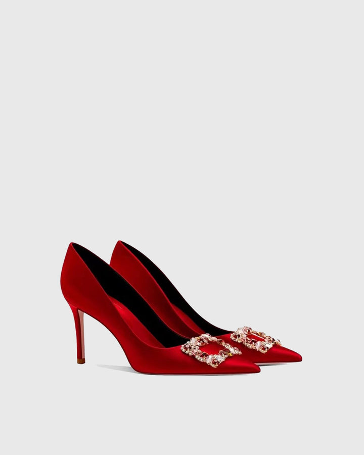 Vaike | Women's Rhinestone Buckle Satin Pumps in Red