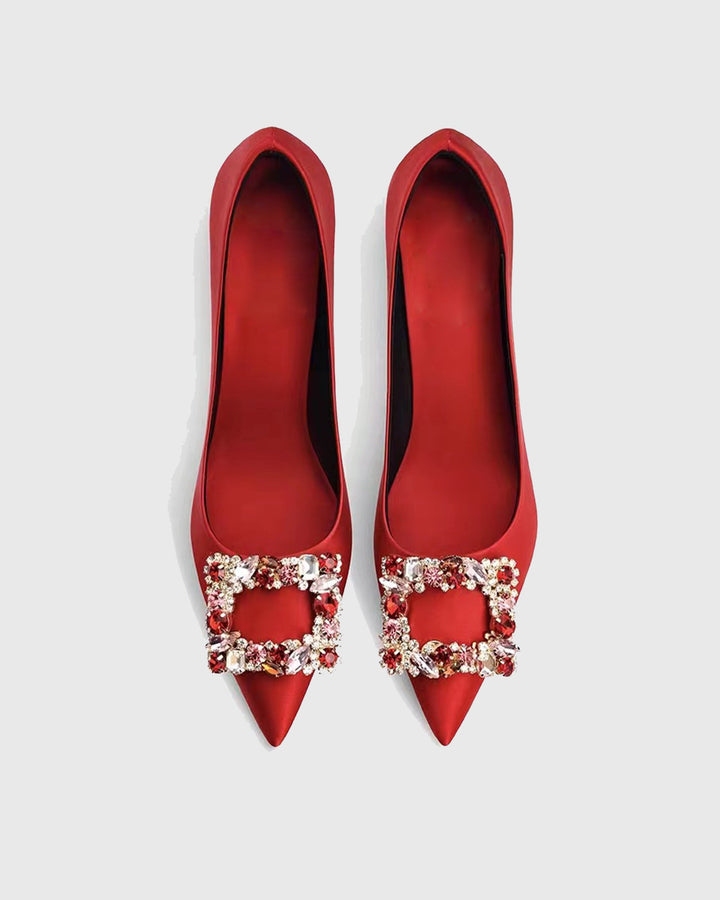 Vaike | Women's Rhinestone Buckle Satin Pumps in Red