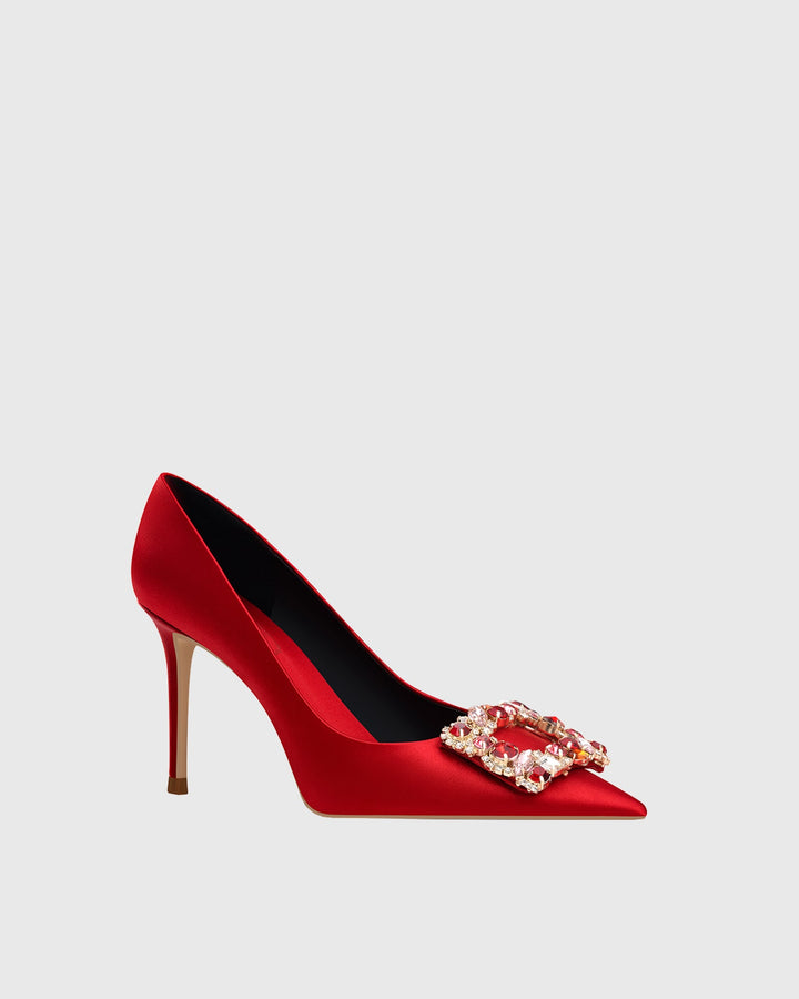 Vaike | Women's Rhinestone Buckle Satin Pumps in Red