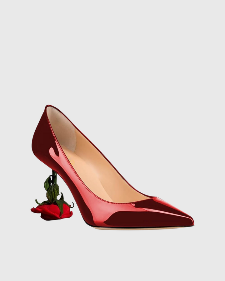 Venice | Women's Flower Heel Patent Leather Pumps in Red