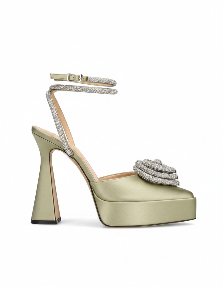Ambra | Women's Crystal Heart Strap Pumps in Green
