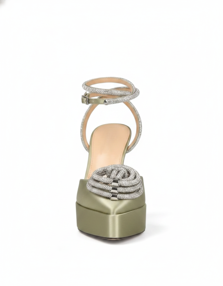 Ambra | Women's Crystal Heart Strap Pumps in Green