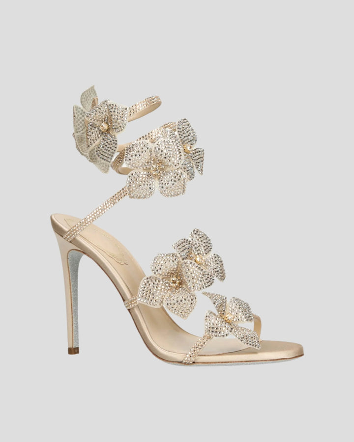 Elisa | Women's Flower Snake Heeled Sandals in Gold