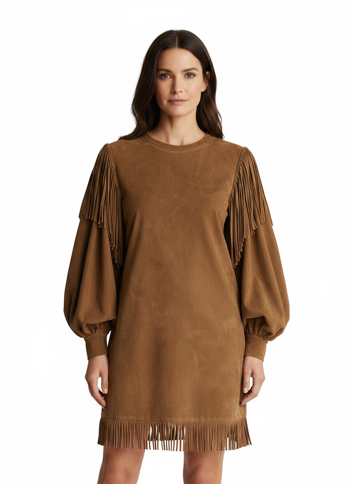 Bonita | Women's Suede Fringe Puff Sleeve Mini Dress in Brown