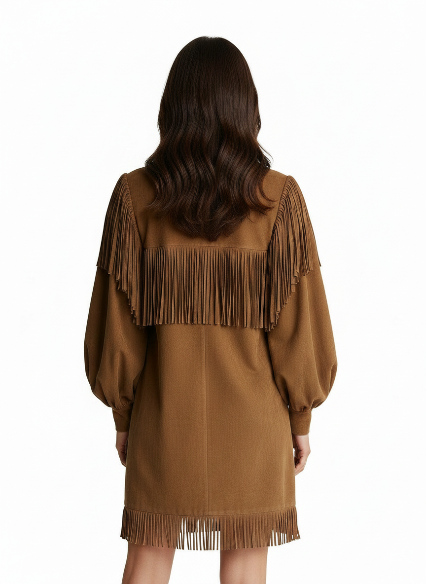 Bonita | Women's Suede Fringe Puff Sleeve Mini Dress in Brown