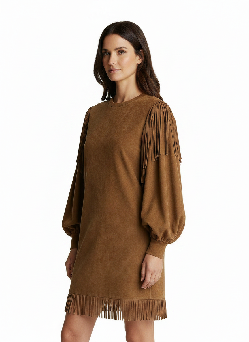 Bonita | Women's Suede Fringe Puff Sleeve Mini Dress in Brown
