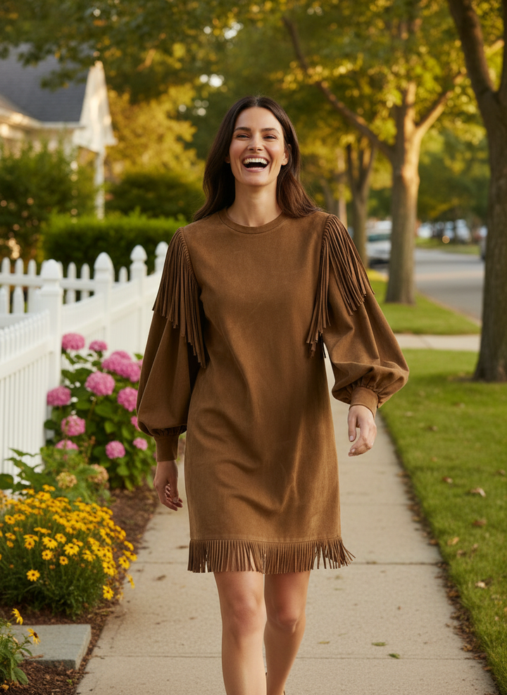 Bonita | Women's Suede Fringe Puff Sleeve Mini Dress in Brown