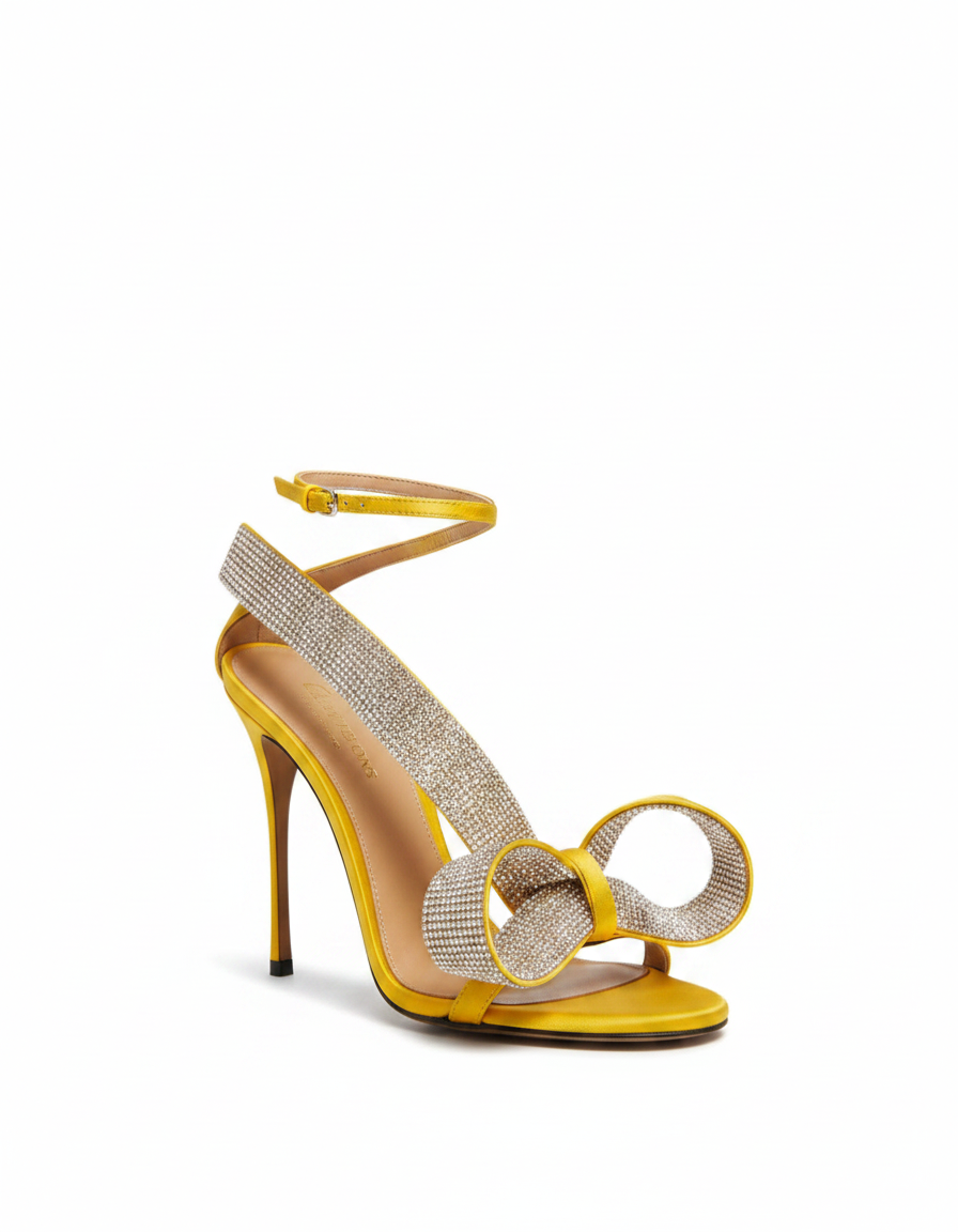 Crocifissa | Women's Rhinestone Bow Strap Heeled Sandals in Yellow