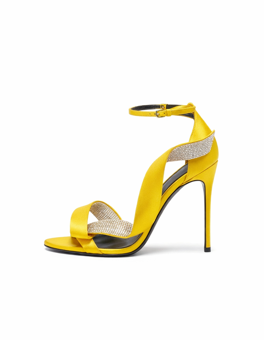 Crocifissa | Women's Rhinestone Bow Strap Heeled Sandals in Yellow