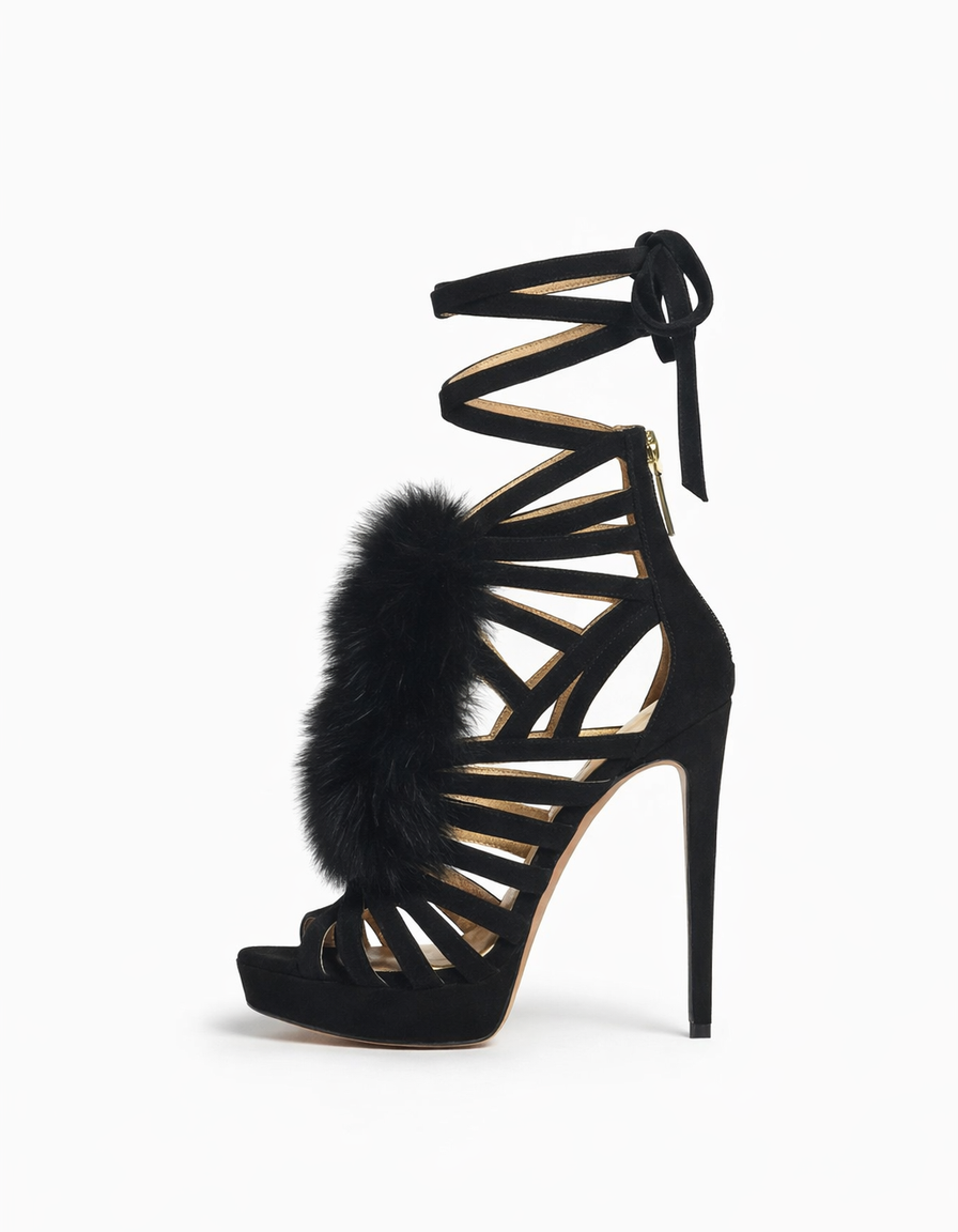Darko | Women's Faux Fur Lace-Up Cage Sandals in Black