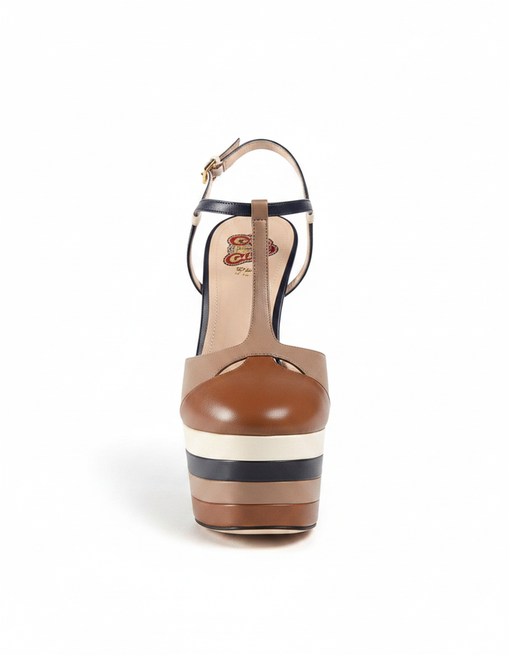 Dionisia | Women's Stripe Strap Platform Heels in Brown
