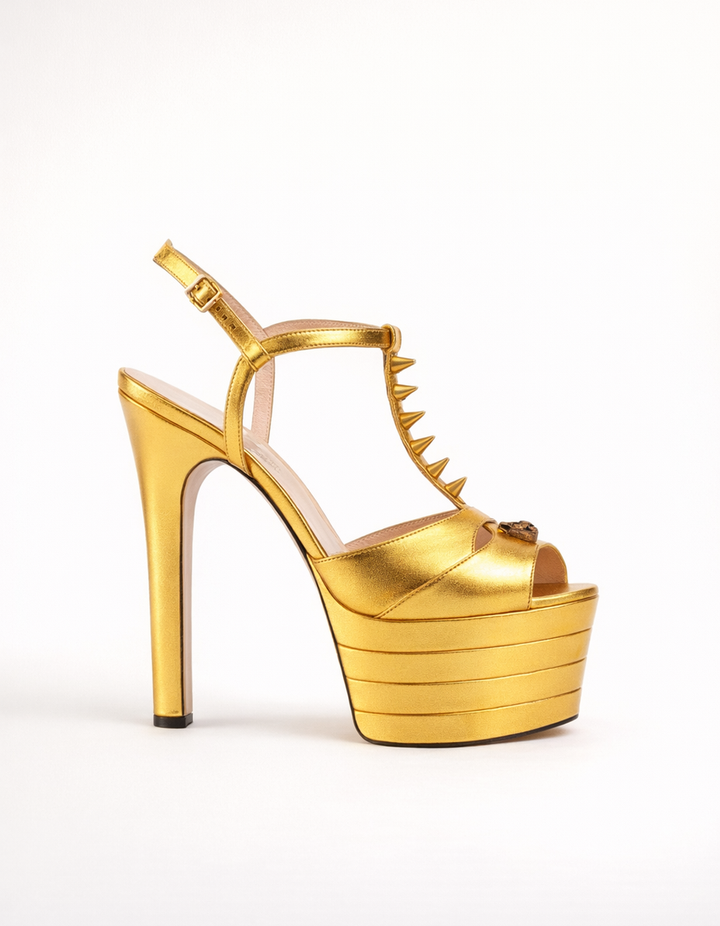 Dionisia | Women's Stripe Strap Platform Heels in Brown