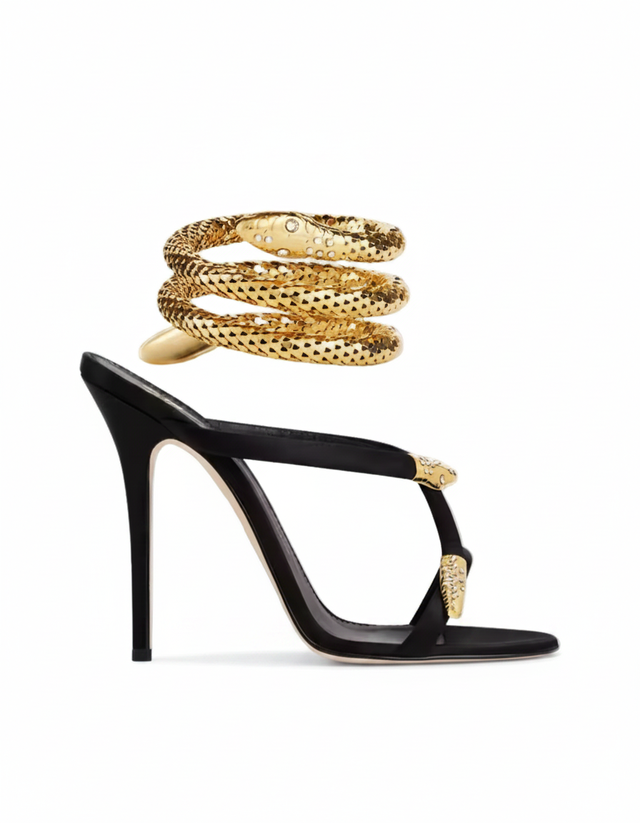 Dora | Women's Rhinestone Snake Heeled Sandals in Black