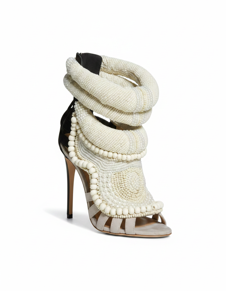 Edith | Women's Pearl Strap Heeled Sandals in Black and Beige
