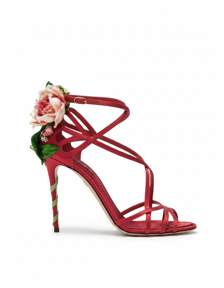 Elek | Women's Floral Strappy Satin Heeled Sandals in Red