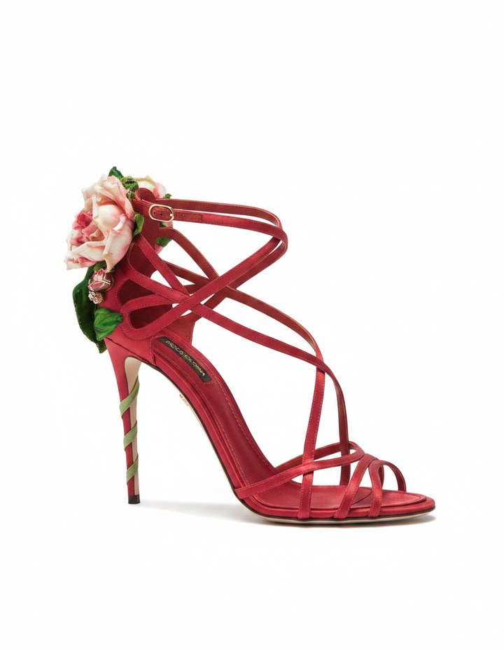 Elek | Women's Floral Strappy Satin Heeled Sandals in Red