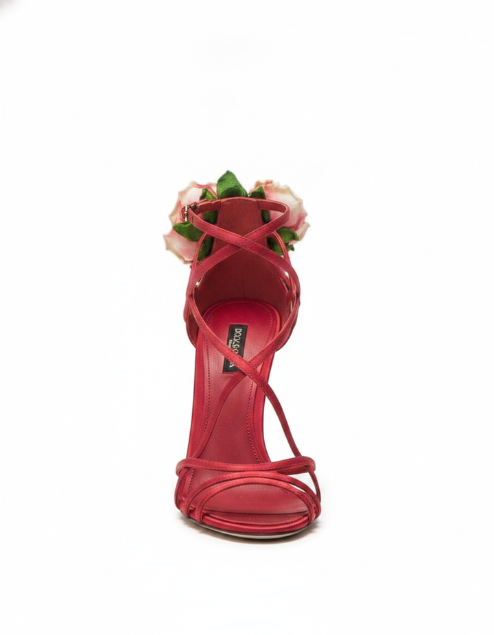 Elek | Women's Floral Strappy Satin Heeled Sandals in Red
