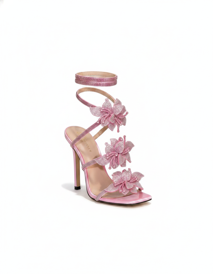 Ester | Women's Flower Snake Heeled Sandals in Pink