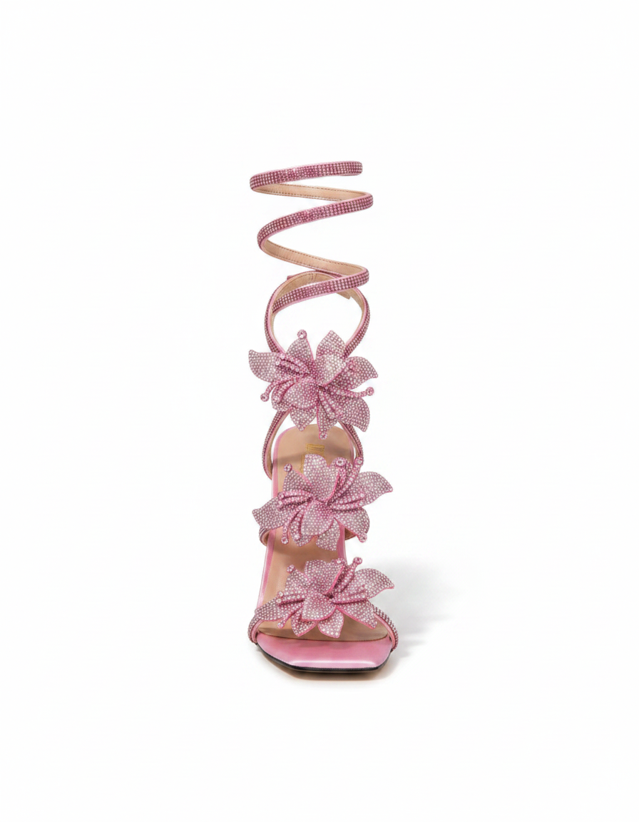 Ester | Women's Flower Snake Heeled Sandals in Pink