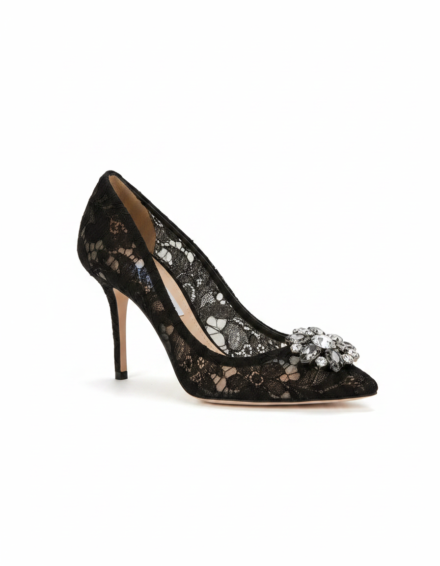Ezra | Women's Rhinestone Lace Pumps in Black