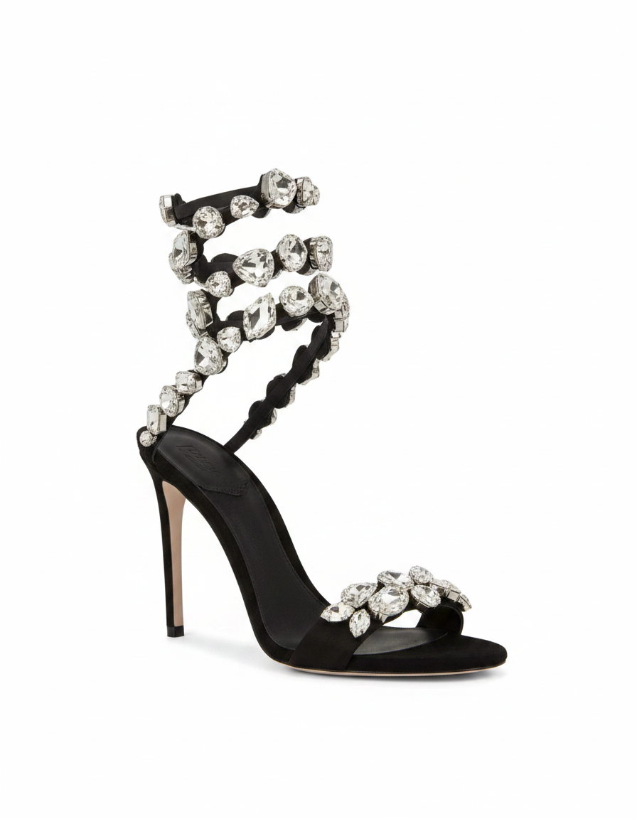 Filide | Women's Rhinestone Lace-Up Heeled Sandals in Black