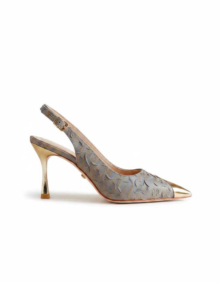 Helen | Women's Embossed Satin Slingback Pumps in Blue