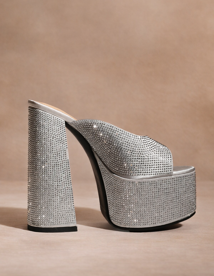 Ilenia | Women's Rhinestone Platform Heeled Sandals in Silver