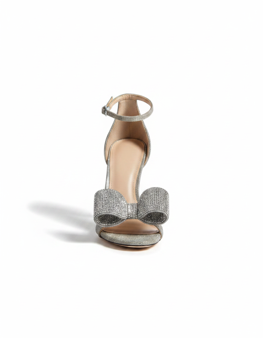 Ines | Women's Crystal Bow Sparkle Heeled Sandals in Silver