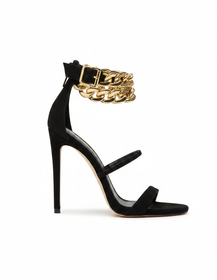 Iolanda | Women's T-Strap Metal Chain Heeled Sandals in Black
