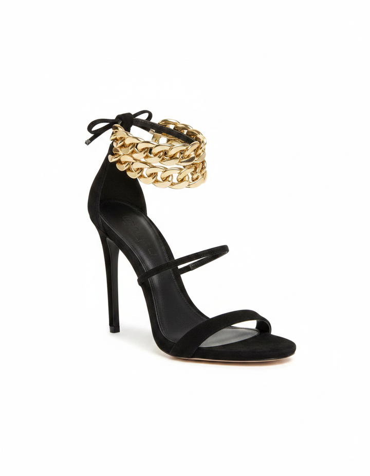 Iolanda | Women's T-Strap Metal Chain Heeled Sandals in Black