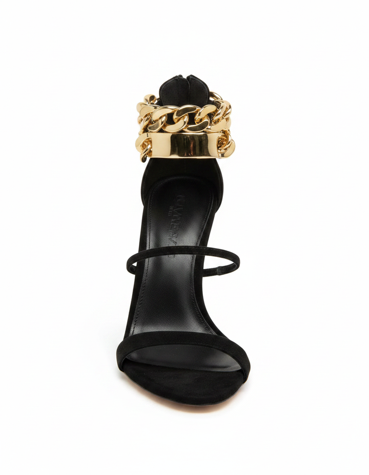 Iolanda | Women's T-Strap Metal Chain Heeled Sandals in Black