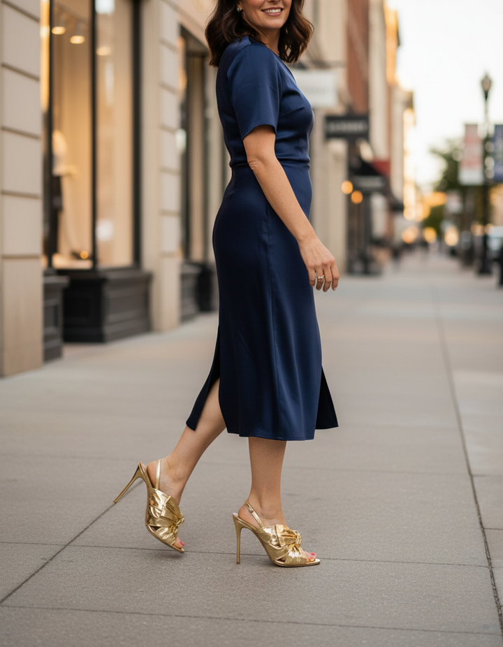 Jiana | Women's Ruched Metallic Bow Slingback Sandals in Gold