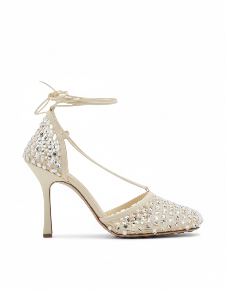 Luca | Women's Rhinestone Fishnet Lace-Up Pumps in Apricot