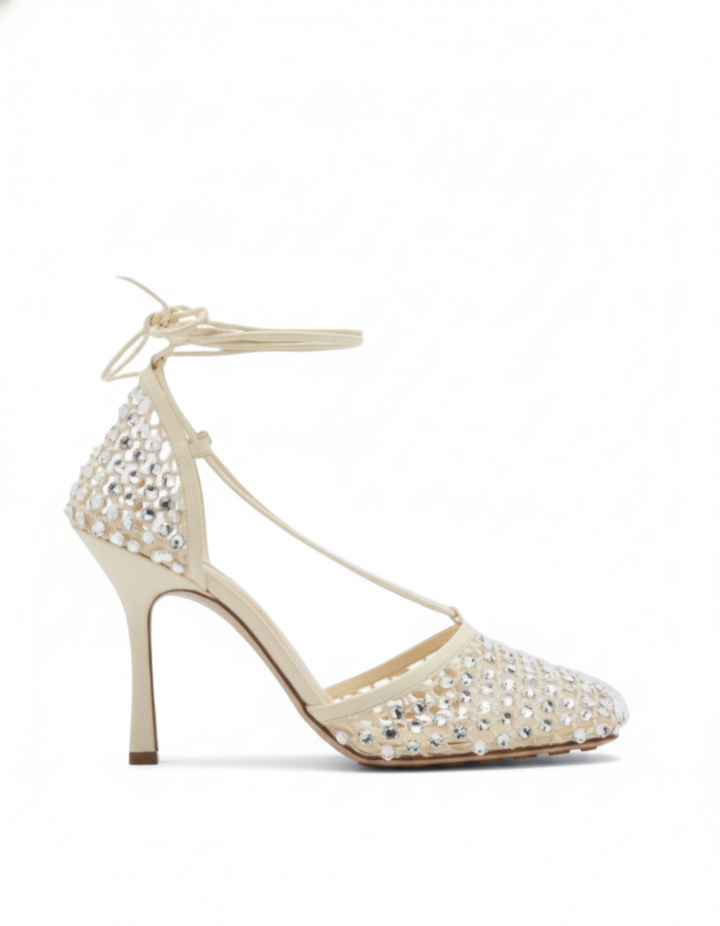 Luca | Women's Rhinestone Fishnet Lace-Up Pumps in Apricot