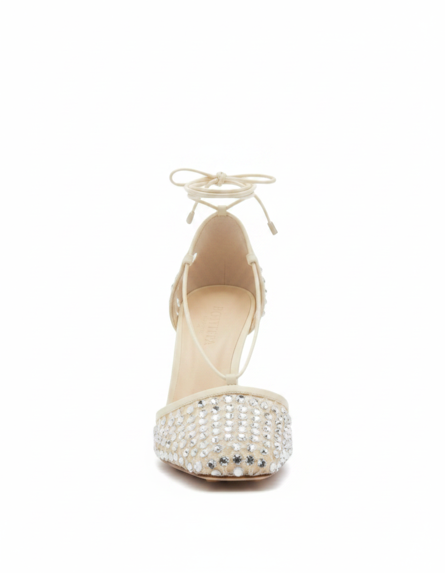 Luca | Women's Rhinestone Fishnet Lace-Up Pumps in Apricot
